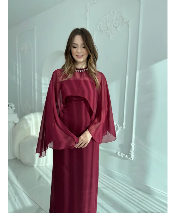 Çıkarılabilir Şal Detaylı Zarif Bordo Elbise