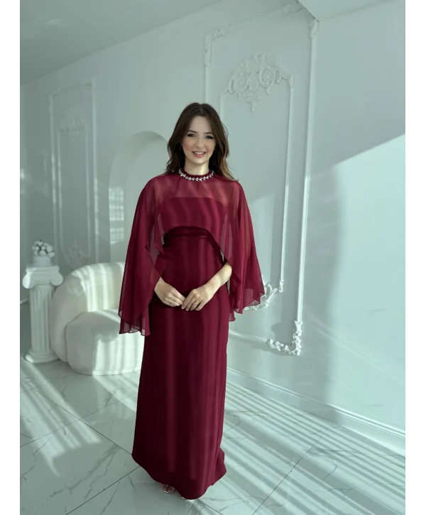 Çıkarılabilir Şal Detaylı Zarif Bordo Elbise