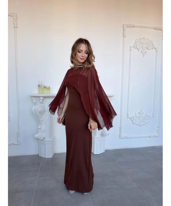 Çıkarılabilir Şal Detaylı Zarif Kahve Elbise