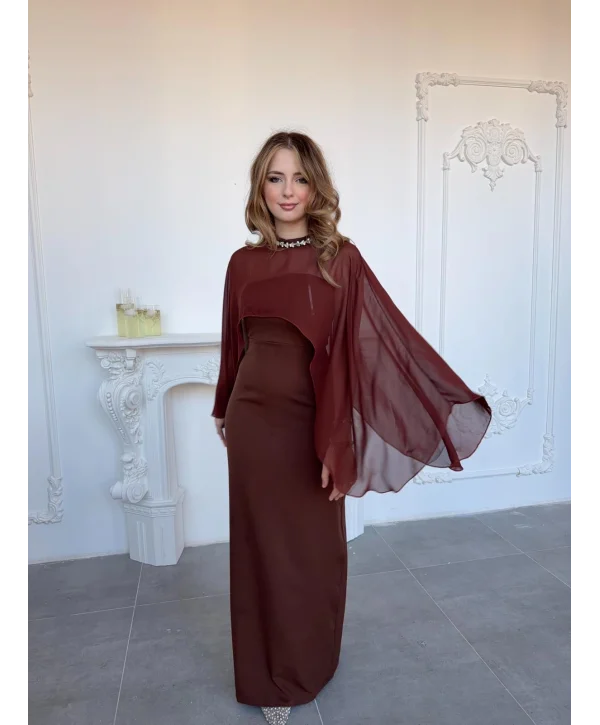 Çıkarılabilir Şal Detaylı Zarif Kahve Elbise