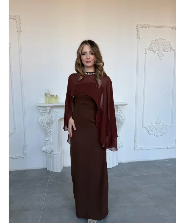 Çıkarılabilir Şal Detaylı Zarif Kahve Elbise