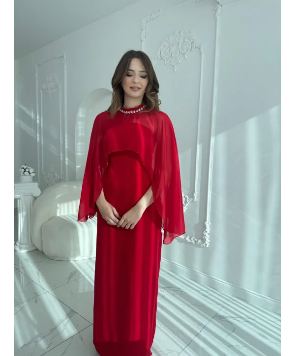Çıkarılabilir Şal Detaylı Zarif Kırmızı Elbise
