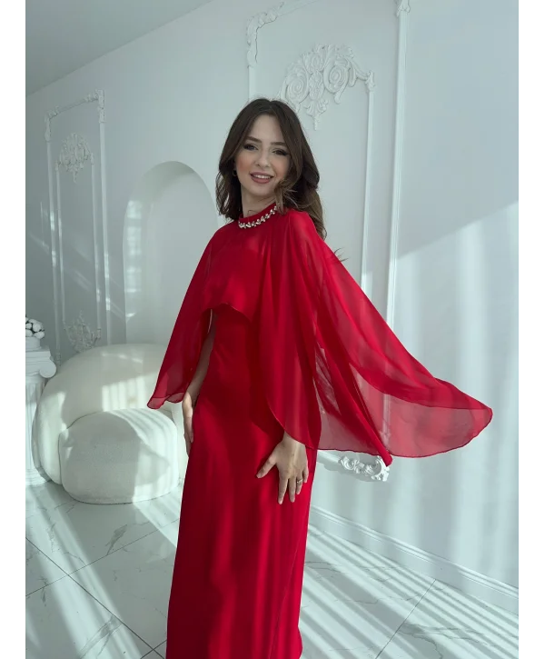 Çıkarılabilir Şal Detaylı Zarif Kırmızı Elbise