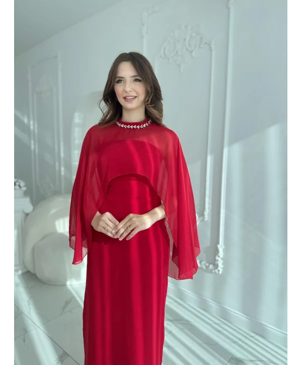 Çıkarılabilir Şal Detaylı Zarif Kırmızı Elbise