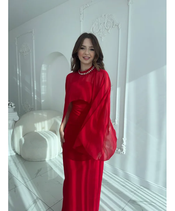 Çıkarılabilir Şal Detaylı Zarif Kırmızı Elbise