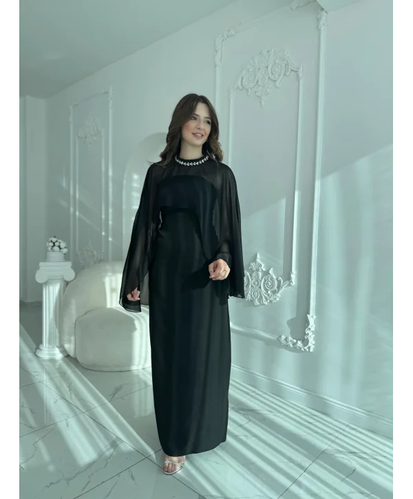 Çıkarılabilir Şal Detaylı Zarif Siyah Elbise