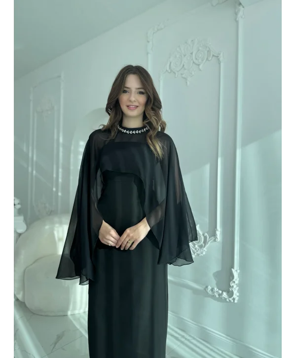Çıkarılabilir Şal Detaylı Zarif Siyah Elbise