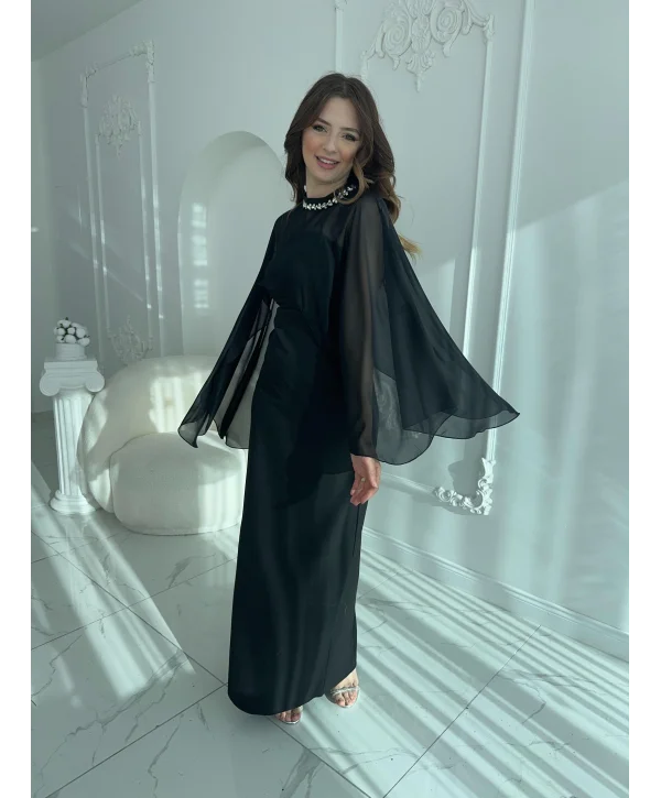 Çıkarılabilir Şal Detaylı Zarif Siyah Elbise