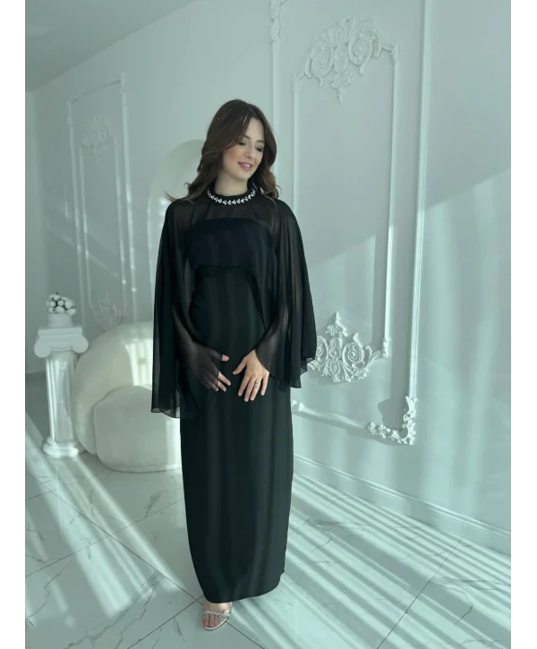 Çıkarılabilir Şal Detaylı Zarif Siyah Elbise