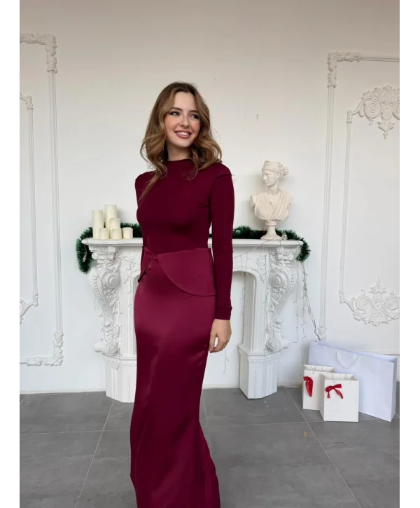 Dalgıç ve Saten Kumaş Mixli Peplum Kesim Bordo Elbise