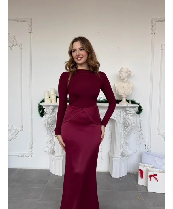 Dalgıç ve Saten Kumaş Mixli Peplum Kesim Bordo Elbise