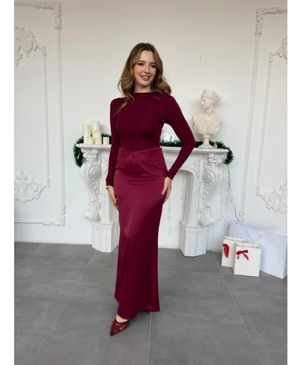 Dalgıç ve Saten Kumaş Mixli Peplum Kesim Bordo Elbise