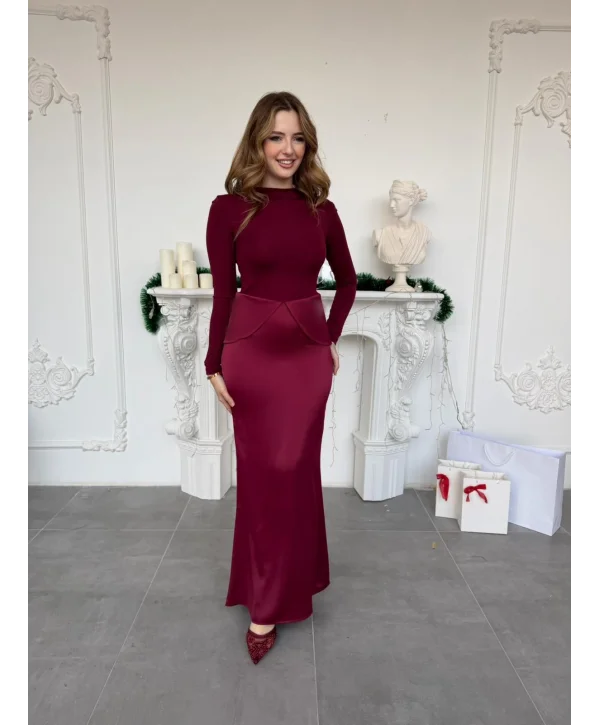 Dalgıç ve Saten Kumaş Mixli Peplum Kesim Bordo Elbise