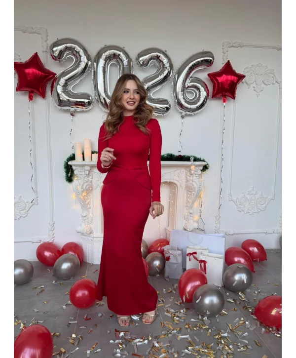 Dalgıç ve Saten Kumaş Mixli Peplum Kesim Kırmızı Elbise