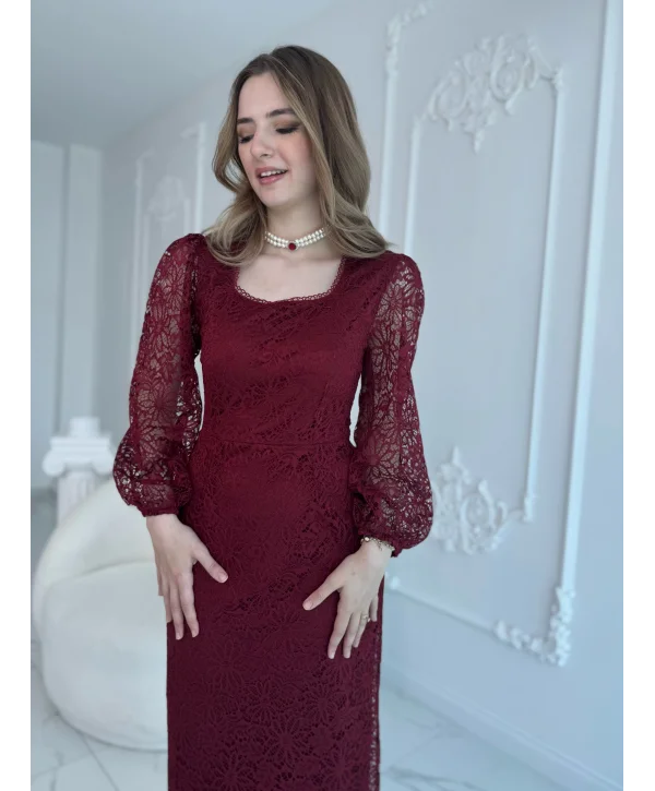 Dantel Maxi Boy Bordo Elbise