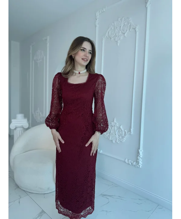 Dantel Maxi Boy Bordo Elbise