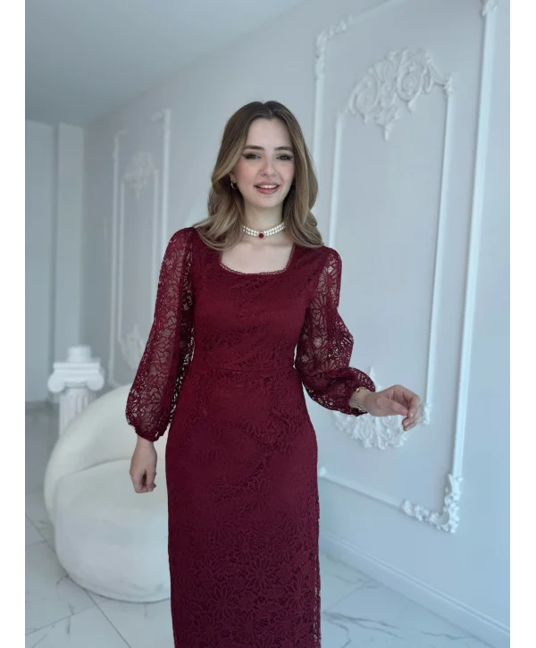 Dantel Maxi Boy Bordo Elbise