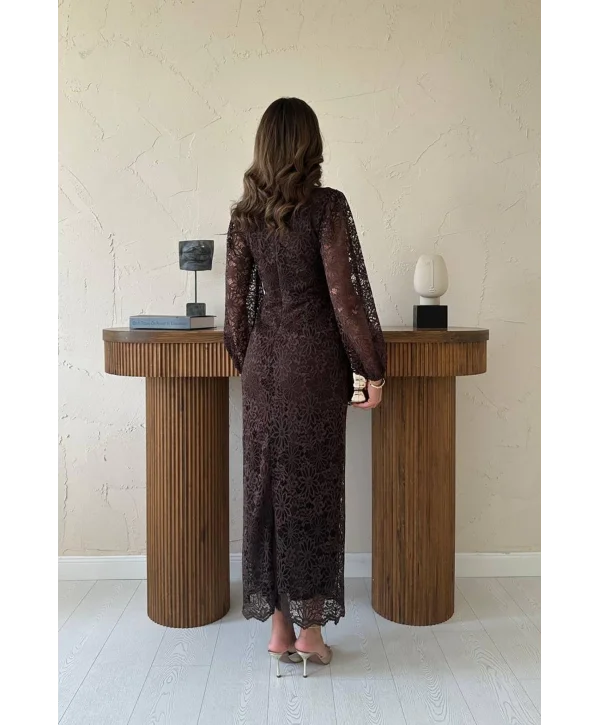 Dantel Maxi Boy Kahve Elbise