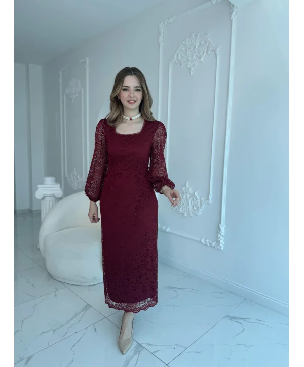 Dantel Maxi Boy Bordo Elbise
