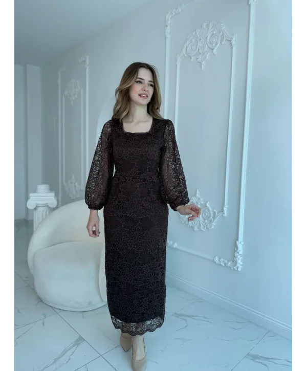 Dantel Maxi Boy Kahve Elbise