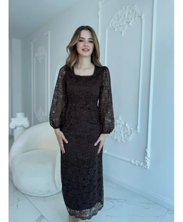 Dantel Maxi Boy Kahve Elbise