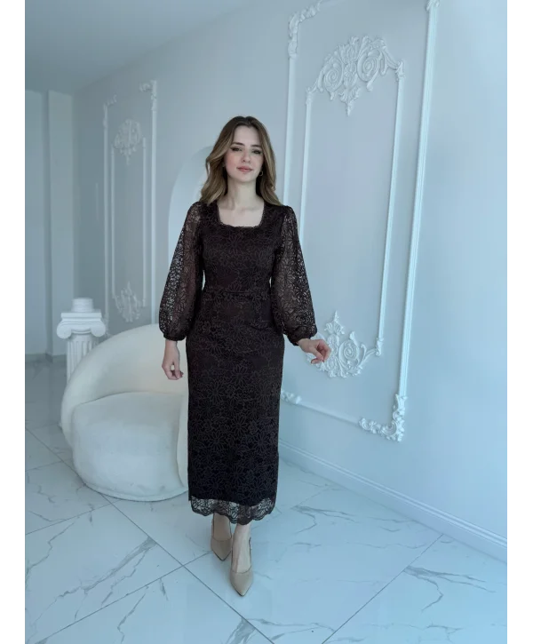 Dantel Maxi Boy Kahve Elbise