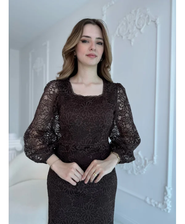 Dantel Maxi Boy Kahve Elbise