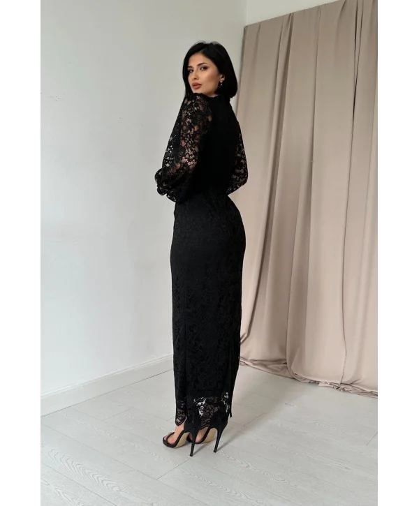 Dantel Maxi Boy Siyah Elbise