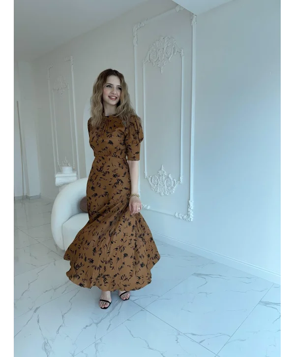 Sırt Bağlama Detaylı Desenli Maxi Boy Vizon Saten Elbise