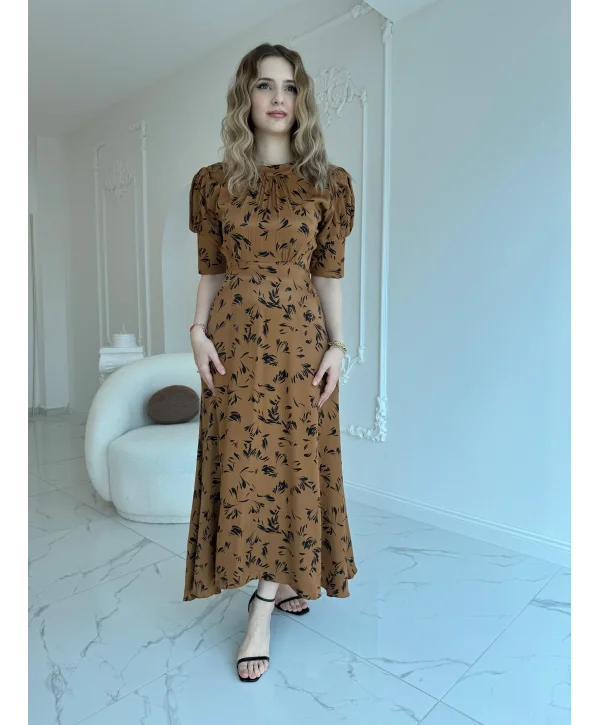 Sırt Bağlama Detaylı Desenli Maxi Boy Vizon Saten Elbise