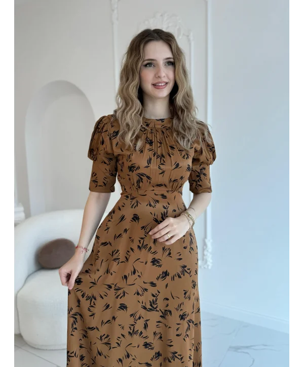 Sırt Bağlama Detaylı Desenli Maxi Boy Vizon Saten Elbise