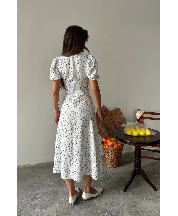 Dijital Çiçek Baskılı Atlas Kumaş Mavi Elbise