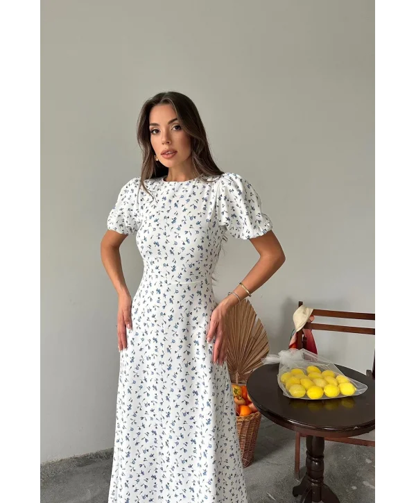 Dijital Çiçek Baskılı Atlas Kumaş Mavi Elbise