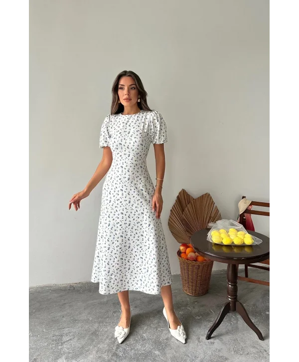 Dijital Çiçek Baskılı Atlas Kumaş Mavi Elbise