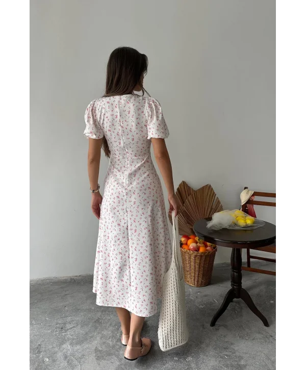 Dijital Çiçek Baskılı Atlas Kumaş Pembe Elbise