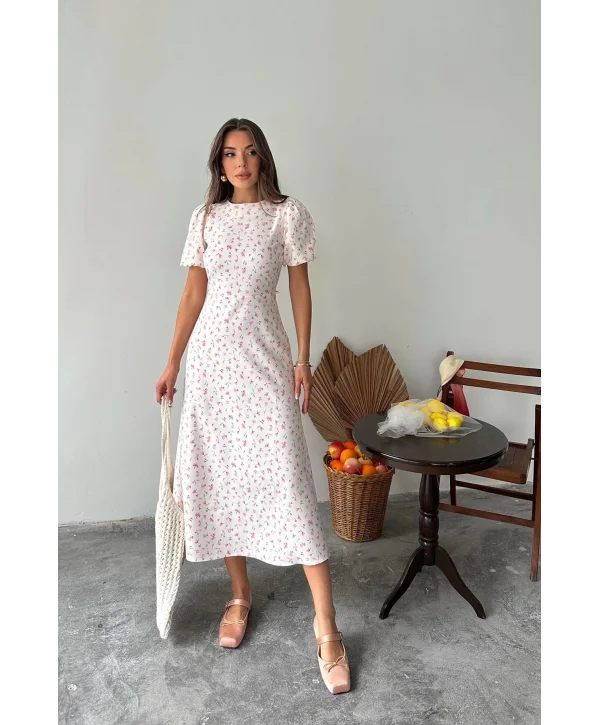Dijital Çiçek Baskılı Atlas Kumaş Pembe Elbise