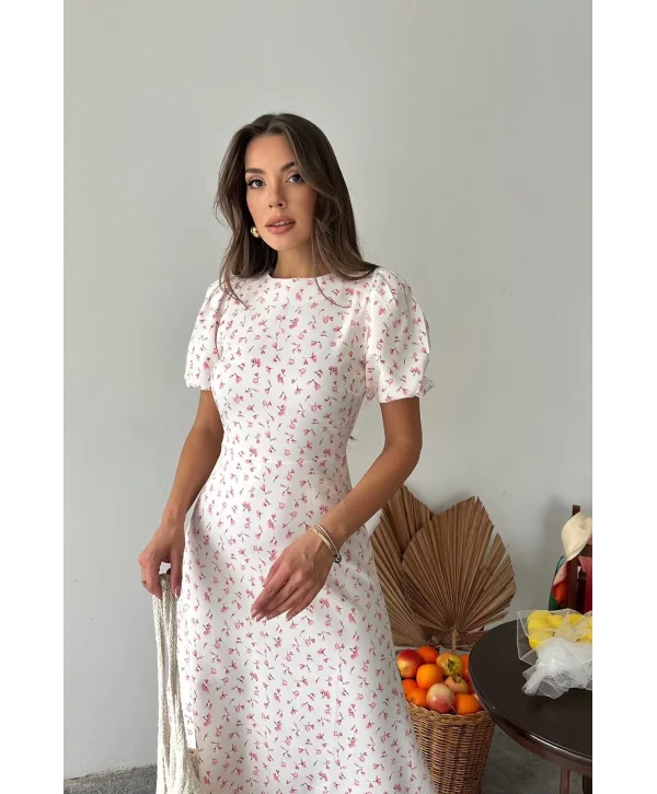 Dijital Çiçek Baskılı Atlas Kumaş Pembe Elbise