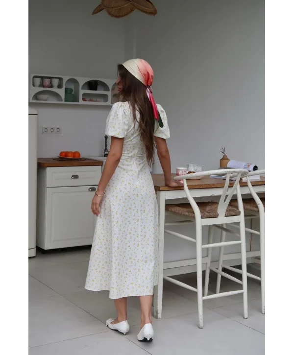 Dijital Çiçek Baskılı Atlas Kumaş Sarı Elbise