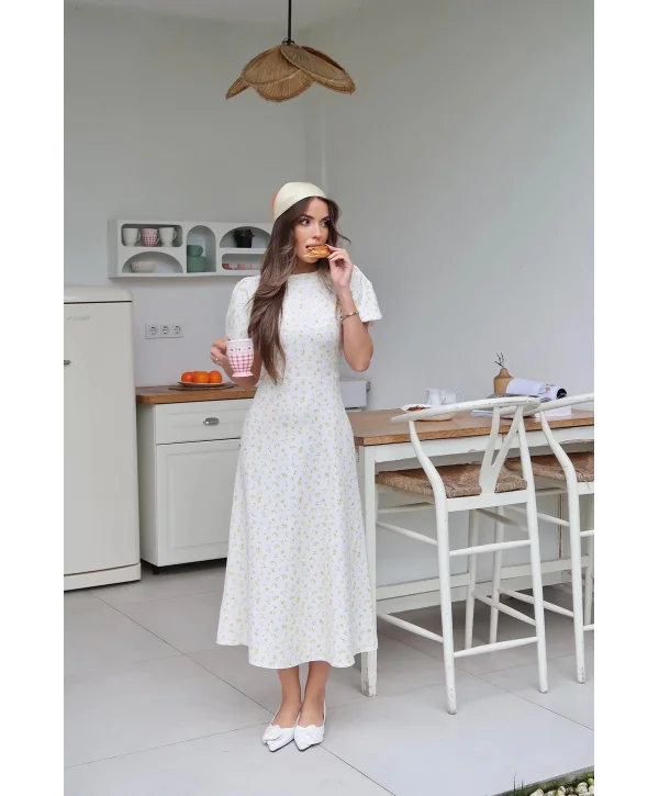 Dijital Çiçek Baskılı Atlas Kumaş Sarı Elbise