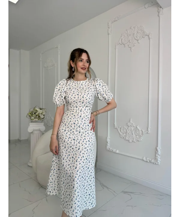 Dijital Çiçek Baskılı Atlas Kumaş Mavi Elbise