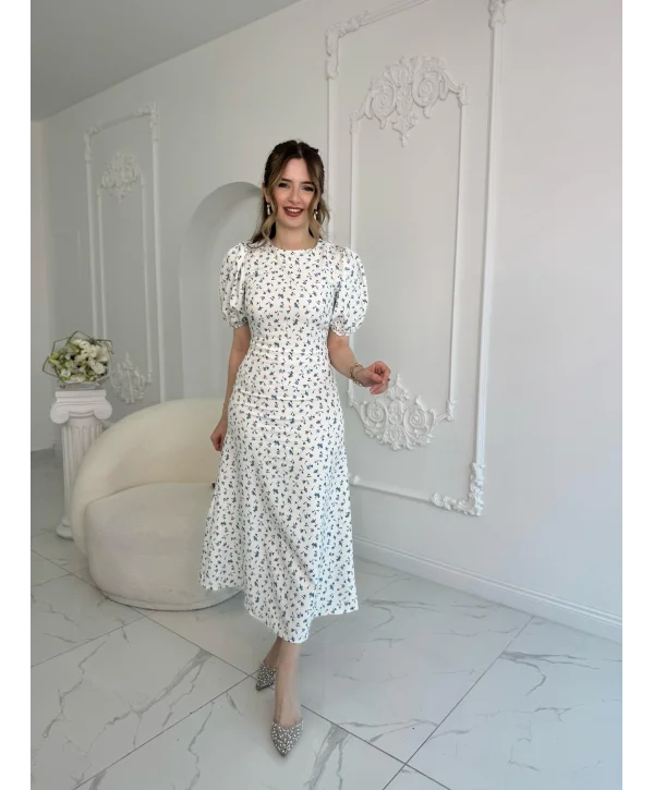 Dijital Çiçek Baskılı Atlas Kumaş Mavi Elbise