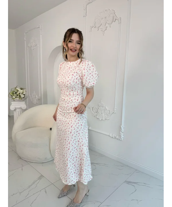 Dijital Çiçek Baskılı Atlas Kumaş Pembe Elbise