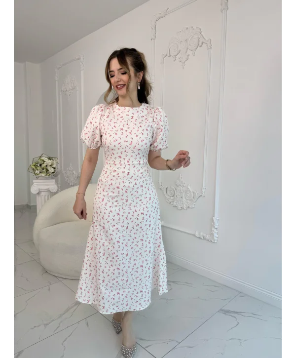 Dijital Çiçek Baskılı Atlas Kumaş Pembe Elbise