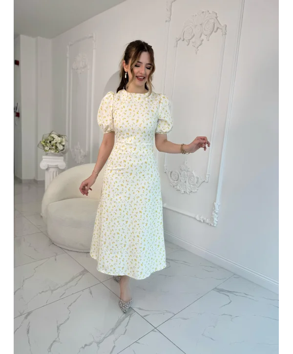 Dijital Çiçek Baskılı Atlas Kumaş Sarı Elbise