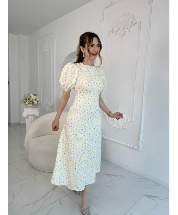 Dijital Çiçek Baskılı Atlas Kumaş Sarı Elbise