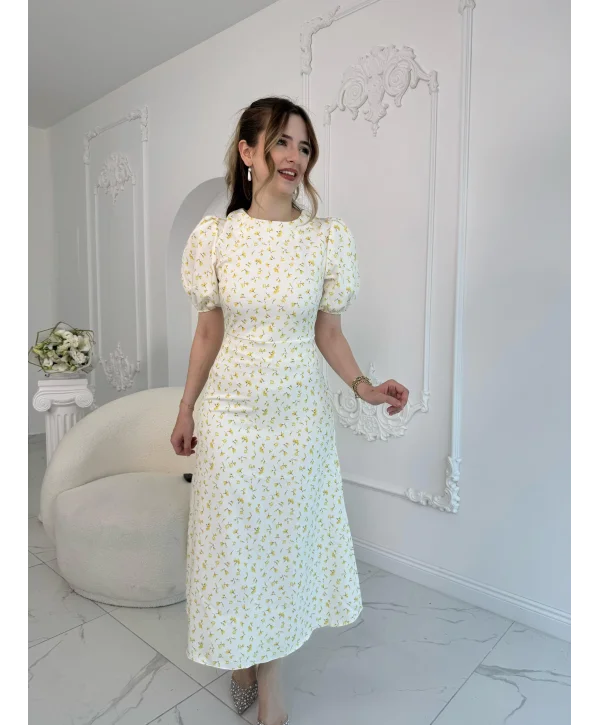 Dijital Çiçek Baskılı Atlas Kumaş Sarı Elbise