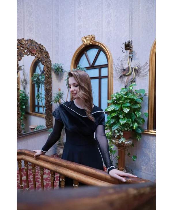 Drape Omuz Tül Kollu İnci İşlemeli Siyah Kadife Elbise