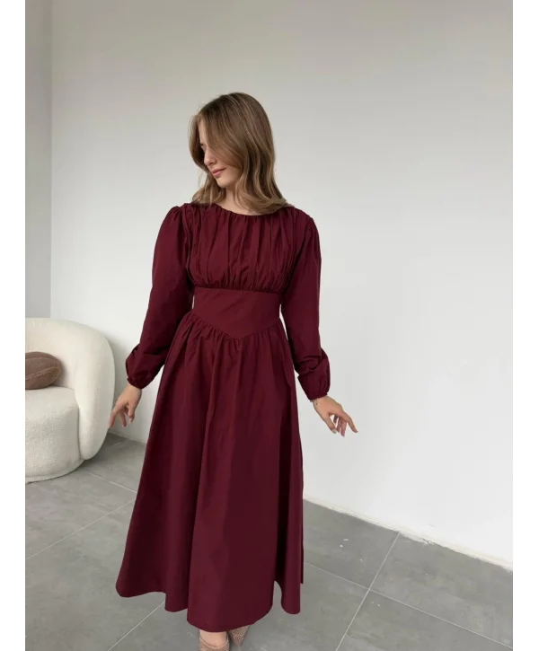 Drapeli Korsaj Detaylı Bordo Elbise