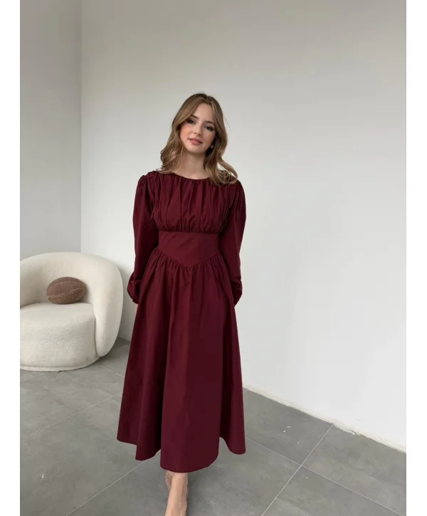 Drapeli Korsaj Detaylı Bordo Elbise