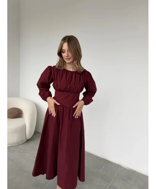 Drapeli Korsaj Detaylı Bordo Elbise